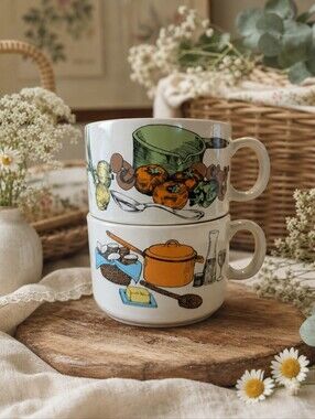 Vintage Japanese Kitchen Scene Soupe Mugs – Set of 2